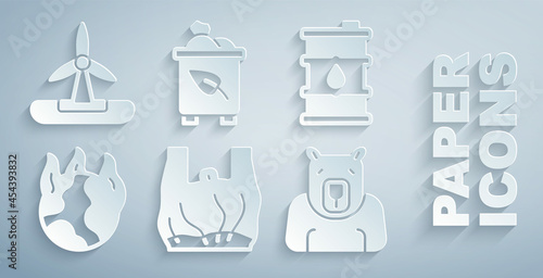 Set Say no to plastic bags poster, Barrel oil, Global warming fire, Polar bear head, Recycle bin with recycle and Wind turbine icon. Vector