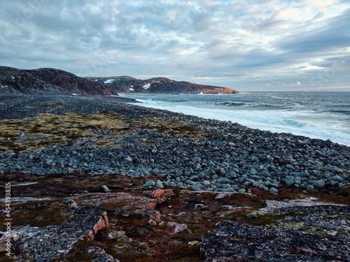 View of the boulders beach on the Barents sea, Teriberka, Russia