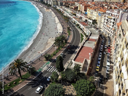 View of the promenade and beach in Nice, France