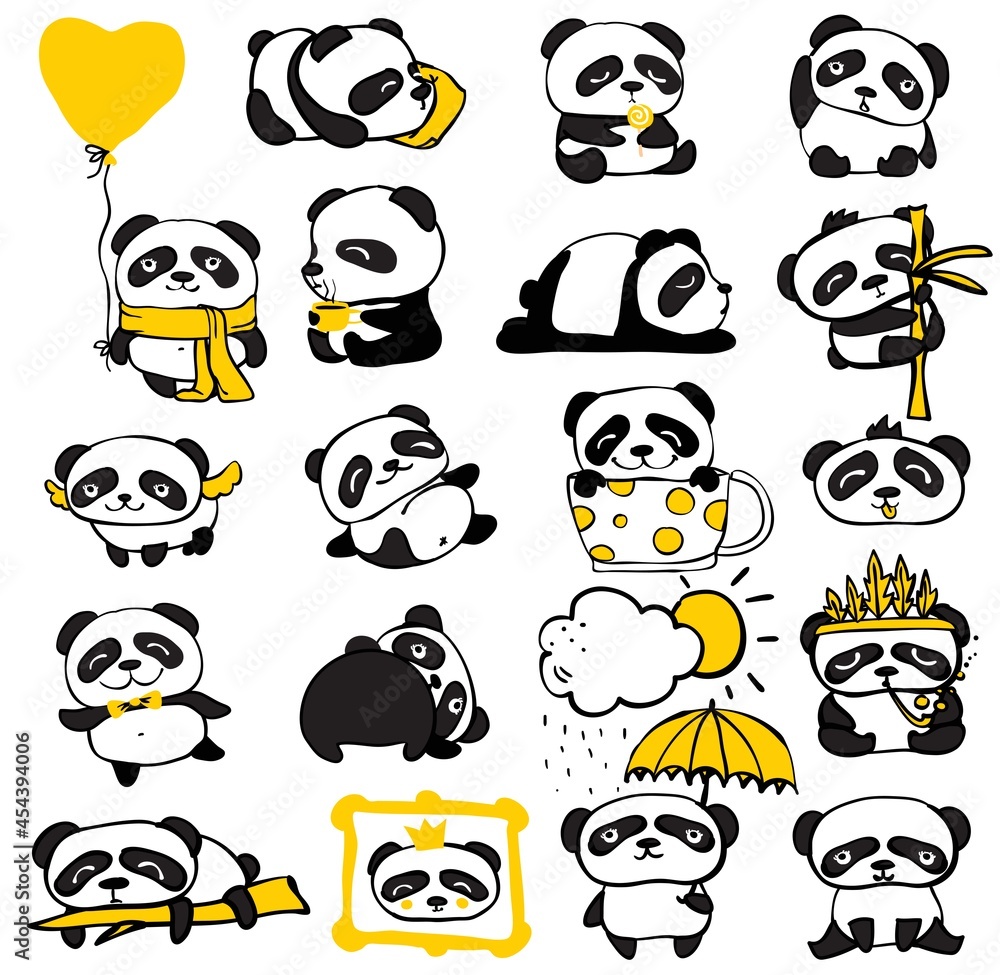 Panda doodle kid set. Simple design of cute pandas and individual elements perfect for kid's card, banners, stickers and other kid's things.