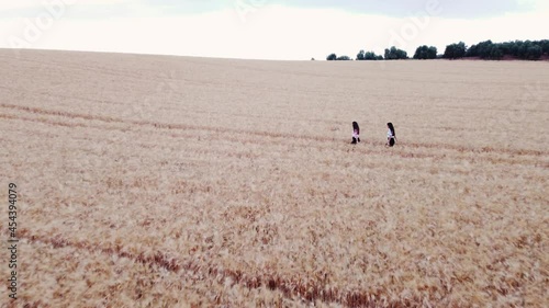 Wallpaper Mural Aerial view of two women enjoying nature while walking through a wheat field. Agriculture and rural concept. Torontodigital.ca