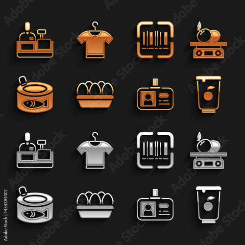 Set Chicken egg in box, Electronic scales for product, Yogurt container, Identification badge, Canned fish, Scanner scanning bar code, Cashier cash register and T-shirt icon. Vector
