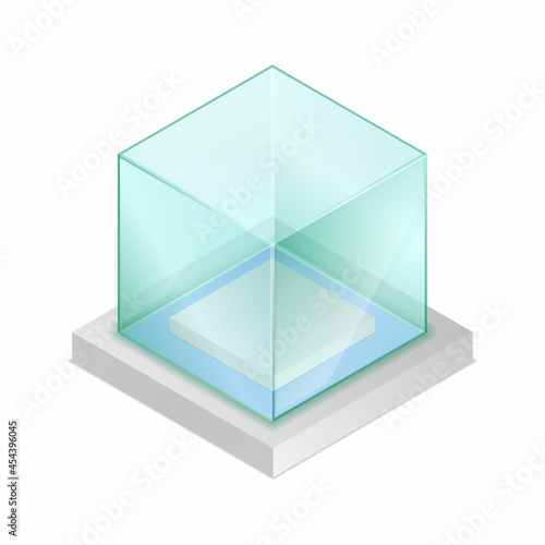 Isometric vector illustration empty glass cube isolated on white background. Realistic glass display box icon. Modern clear glass showcase. Transparent acrylic, plastic or plexiglass box for exhibit.