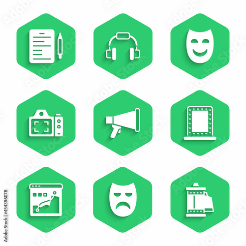 Set Megaphone, Drama theatrical mask, Camera roll cartridge, Makeup mirror with lights, Histogram graph photography, Photo camera, Comedy and Scenario icon. Vector