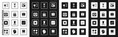 Set Chalkboard with chart, Online education, Calendar, Megaphone, Target dollar, Medal, Financial growth increase and icon. Vector