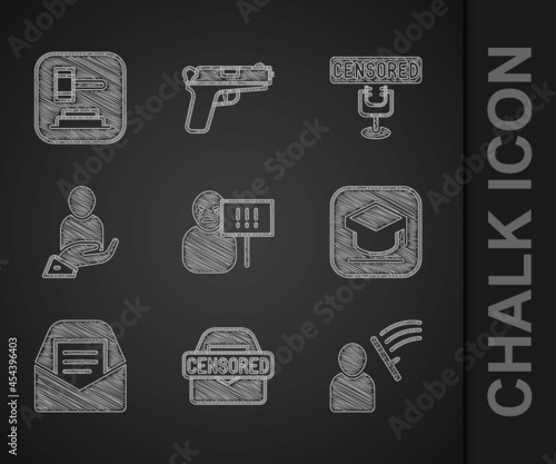 Set Protest, Censored stamp, Police beat human, Graduation cap, Mail and e-mail, Life insurance in hand, and Judge gavel icon. Vector