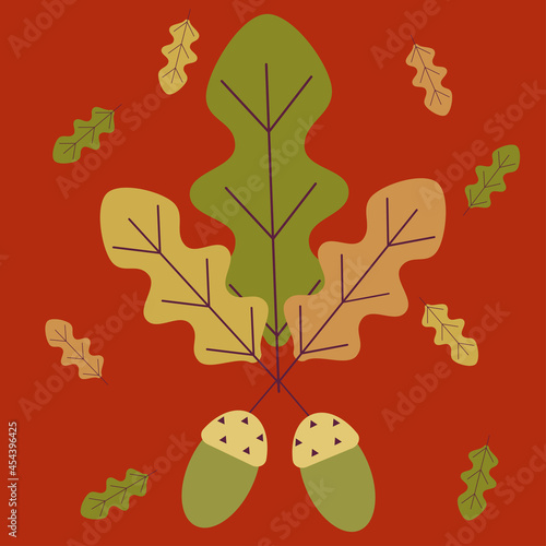 Decorative oak twigs and acorns. Seasonal Autumn promotion banner. Decorative illustration of fallen leaves. Vector illustration for advertising poster design.
