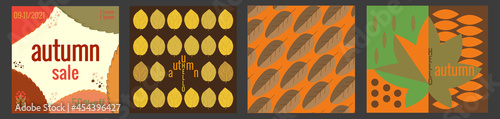 Hello autumn, fall leaves. Set of autumn banners, backgrounds for advertising, sales. Vector illustration in orange, green and brown colors, lettering.