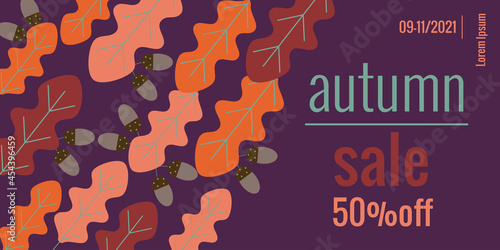 Decorative oak twigs and acorns. Seasonal Autumn Sale Promotion Banner. Decorative illustration of fallen leaves. Vector illustration for advertising poster design.
