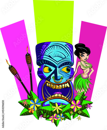 A beautiful hula girl leaning on her Tiki friend.
