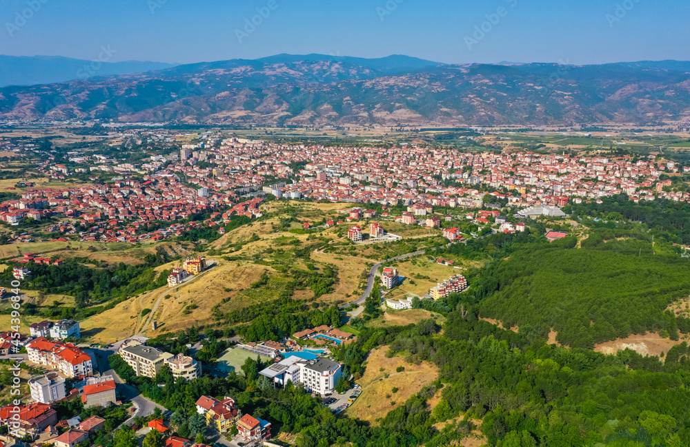  Bulgaria, Sandanski, city panorama view from drone. Amazing old Balkan village in Europe famous for hot springs mineral water