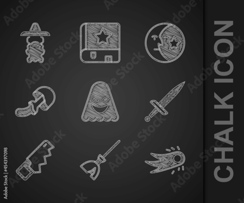 Set Ghost, Witches broom, Fireball, Dagger, Hand saw, Psilocybin mushroom, Moon stars and Wizard warlock icon. Vector