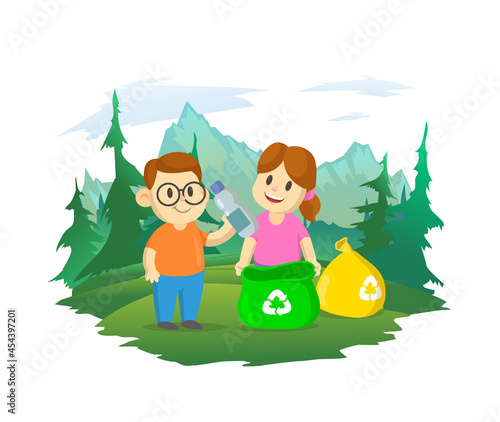 Cute little boy and girl collecting plastic garbage and segregating waste. Forest and mountain landscape in the background. Waste sorting management, recycling, ecology. Cartoon vector illustration.