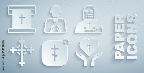 Set Online church pastor preaching, Knight crusader, Christian cross, Religious heart, Hands praying position and Flag with christian icon. Vector