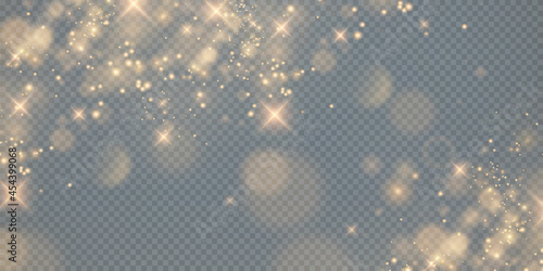 Bokeh light lights effect background. Christmas background of shining dust Christmas glowing light bokeh confetti and spark overlay texture for your design. Gold dust PNG.