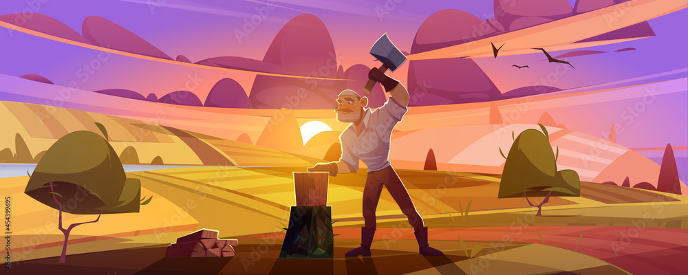 Man villager with axe chop firewood on rural dusk landscape background with field and pink sky. Lumberjack cutting wood logs for home warm, village or countryside life, Cartoon vector illustration - obrazy, fototapety, plakaty 