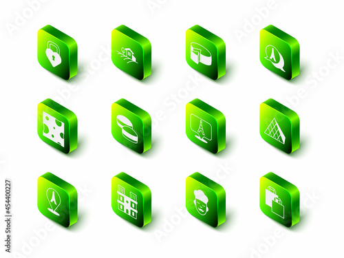 Set Village landscape, Cheese, Eiffel tower, Louvre glass pyramid, Paper shopping bag, Cook and Notre Dame de Paris icon. Vector