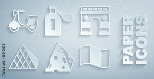 Set Cheese, Triumphal Arch, Louvre glass pyramid, Flag France, Perfume and Scooter icon. Vector