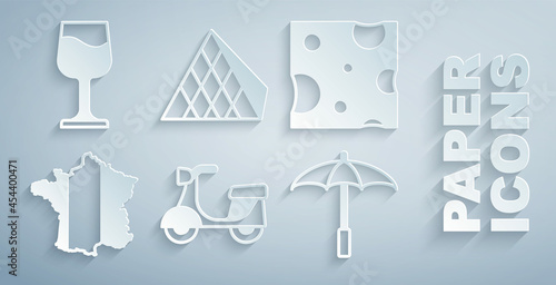 Set Scooter, Cheese, Map of France, Umbrella for beach, Louvre glass pyramid and Wine icon. Vector
