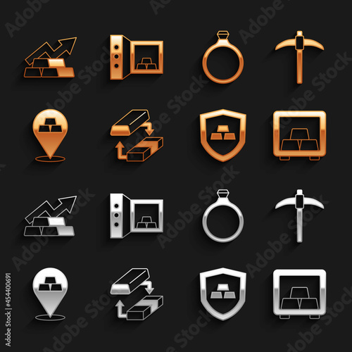 Set Gold exchange money, Pickaxe, Safe with gold bars, shield, ring, Growth arrow and icon. Vector