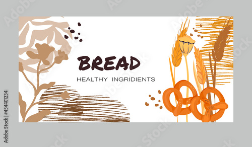 Bread bakery banner or flyer design with cereals, pretzel and abstract decorative details, flat vector illustration. Poster for bakehouse or bakeshop.
