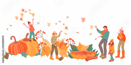 People  playing with leaves and greeting autumn at backdrop of huge seasonal food and pumpkins, flat vector illustration isolated on white background.  Fall autumn season background design.