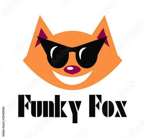 A funky fox wearing sunglasses, cool animal head cartoon, smiling fox head 