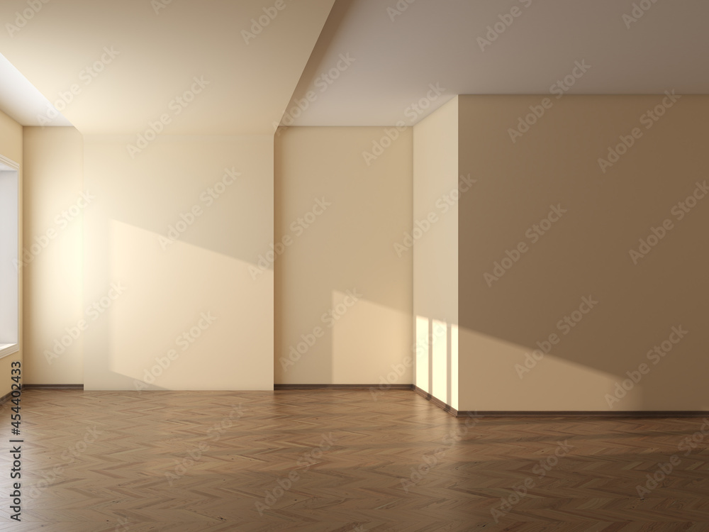 Obraz premium Empty Room with Beige Walls, Parquet Floor and a Brown Plinth. 3D Illustration, 7680x5760, 300 dpi