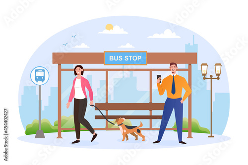 Guy standing in bus stop, waiting for bus, using smartphone app tracking public transport. Modern technology helping public interest. Flat cartoon vector concept design isolated on white background