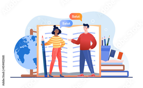 Students learning french language online. Tiny people standing on table before open book, back to school. Flat illustration cartoon vector concept web banner design isolated on white background
