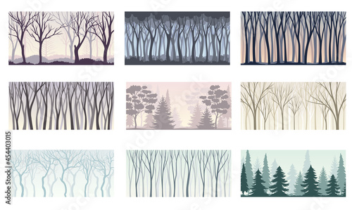 Tree Silhouette with Tall Trunk and Branched Top as Misty Forest Horizontal Backdrop Vector Set