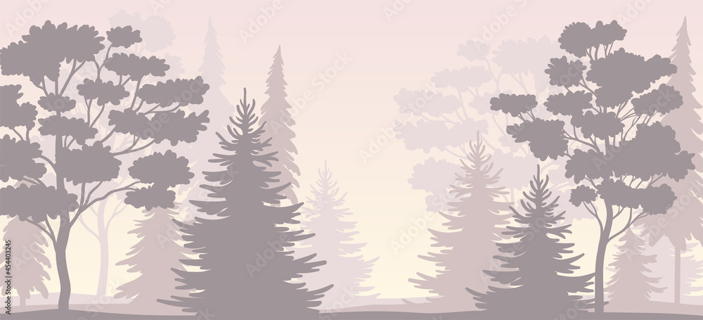 Tree Silhouette with Tall Trunk and Branches as Misty Forest Horizontal Backdrop Vector Illustration