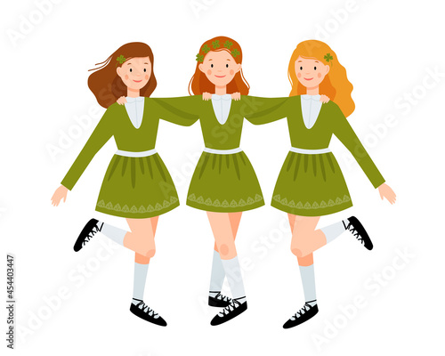 Three cute girls in green dresses are dancing together. Irish dancers isolated on a white background. Vector flat illustration.