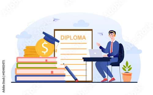 Student graduate from institute using modern distant educational technology. Flat abstract metaphor illustration cartoon vector concept web banner design poster isolated on white background