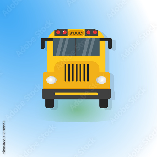 School bus front view on light blue background. Back to school creative banner or poster design.