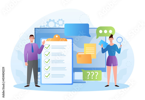 Online questionnaire. Teachers check homework, quiz, exam result and give marks for overall school performance. Flat illustration cartoon vector concept design isolated on white background