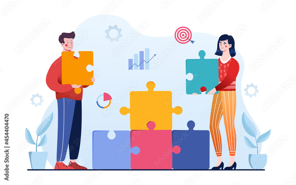 People connecting puzzle elements. Roadmap to success in KPI performance. Big data analysis of company financial information. Flat abstract metaphor cartoon vector concept isolated on white background People connecting puzzle elements. Roadmap to success in KPI performance. Big data analysis of company financial information. Flat abstract metaphor cartoon vector concept isolated on white background