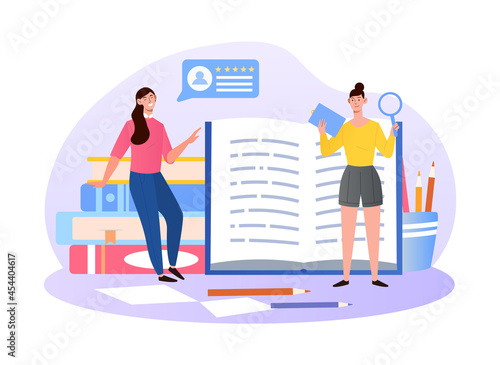 Potential customer read review before visit location. Social media post help attract clients. Customer service manager analyse feedback. Flat abstract metaphor vector cartoon concept isolated on white