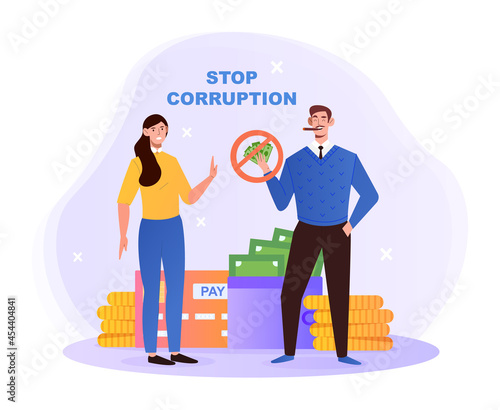 Female authority representative refuse to be engaged in bribery by wealthy businessman. Stop corruption, breaking the law. Flat illustration cartoon vector concept design isolated on white background