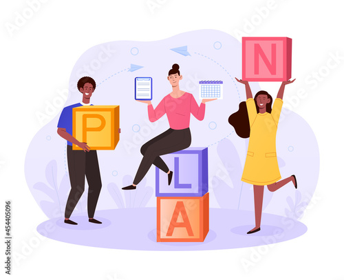 Mixed racial group of people carry in hands bricks with letters to collect word combination plan. Flat abstract metaphor vector cartoon illustration concept isolated on white background