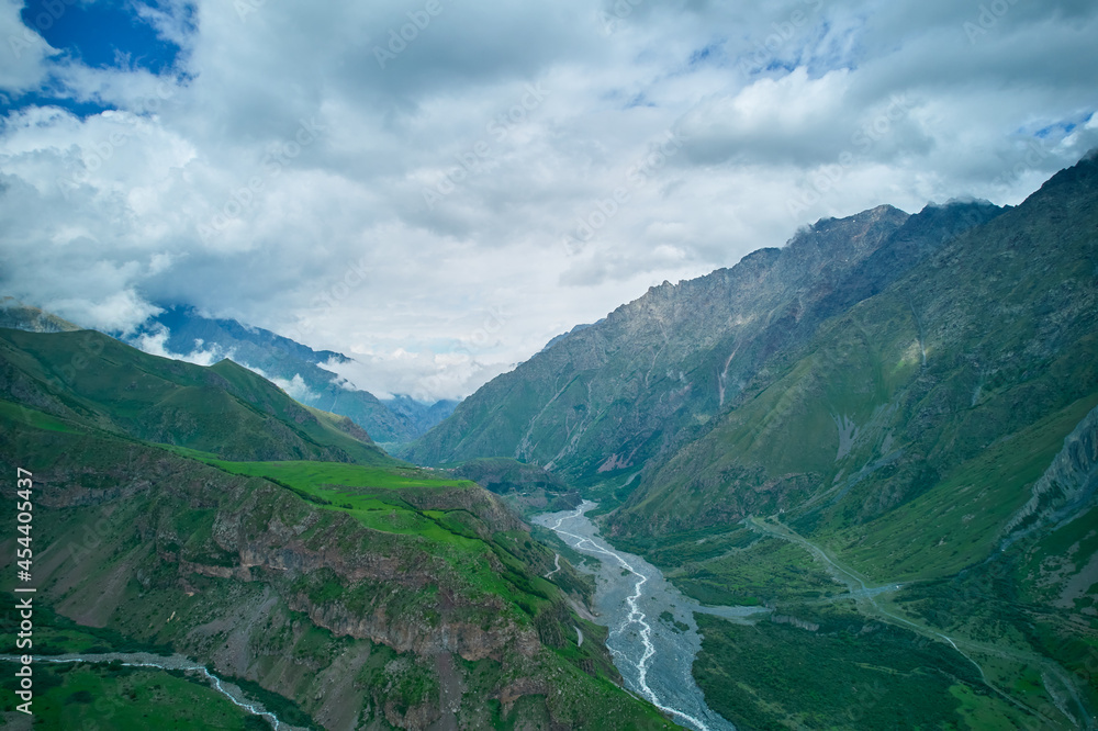 Kazbegi Mountains view from a drone