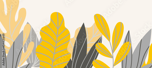 Floral web banner with drawn color exotic leaves. Nature concept design. Modern floral compositions with summer branches. Vector illustration on the theme of ecology, natura, environment