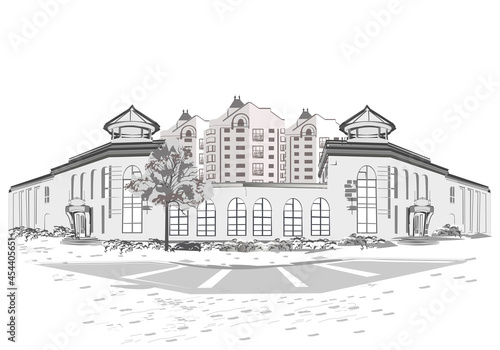 Series of backgrounds decorated with flowers, old town views and street cafes. Café window.   Hand drawn vector architectural background with historic buildings. 