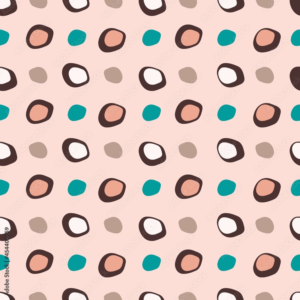 Abstract vector seamless pattern with regular repeating grain shapes on the pink background. Cute kids caramele cover . For textile, wrapping, packaging, fabrics and other design.