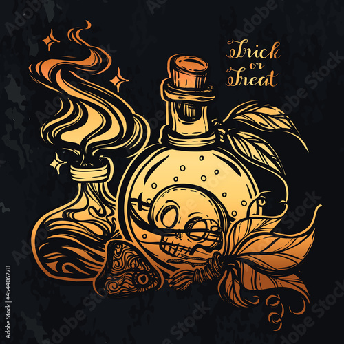 Vector illustration, Halloween, mystic, witchcraft, bottles of potion, dried leaves. handmade, prints, tattoo, background  chalkboard