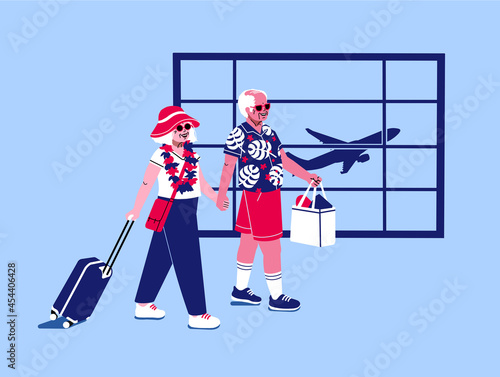 snowbirds traveling to sunny destination. Retired couple in airport terminal. Elderly grandparents going on vacation with luggage suitcase and carry on. summer getaway during winter holidays photo