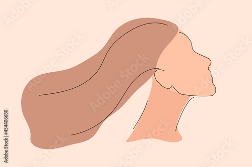 A simple silhouette of a woman with long hair. Portrait with line art style. Pastel colors.