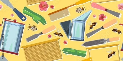 Beekeeping equipment. Horizontal seamless pattern. Honey extractor and smoker. Stamens, knives and brushes. Frame without wax and honeycomb. Gloves, bees and honey flowers. Yellow Background. Vector