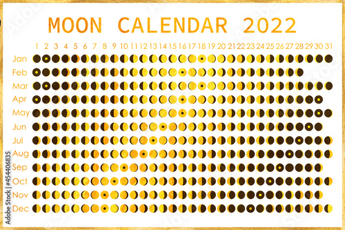 2022 Moon calendar. Astrological calendar design. planner. Place for stickers. Month cycle planner mockup. Isolated white and golden background