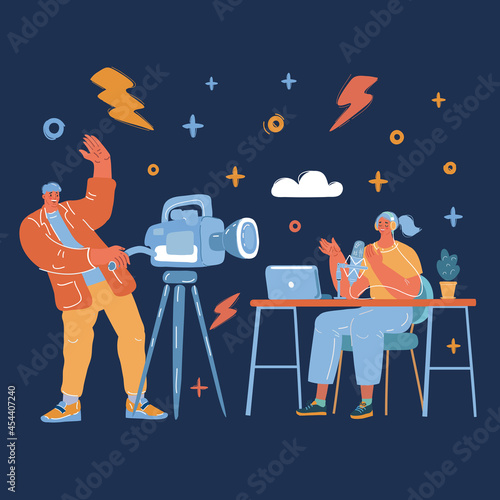 Vector illustration of video blogger concept. Vlogger broadcasting on his personal channel over dark backround.